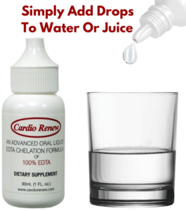 cardio renew dropper bottle and a glass of water showing the oral edta dose for people taking liquid chelation therapy